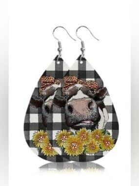 Cow Sunflower Faux Leather Earrings